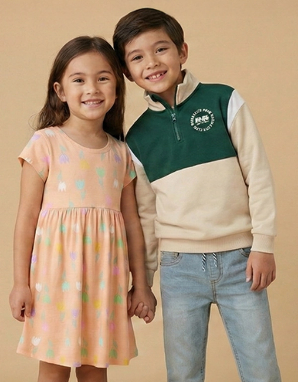 Zwei Kinder stehen zusammen vor einem schlichten beigen Hintergrund. Das Mädchen trägt ein buntes Kleid, während der Junge ein grün-cremefarbenes Sweatshirt trägt.