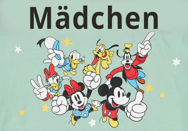 Mädchen Mickey Mouse, Minnie Mouse, Goofy, Pluto , Daisy und Donald Duck stehen zusammen und zeigen verschiedene Haandzeichen, wie Daumen hoch oder peace.