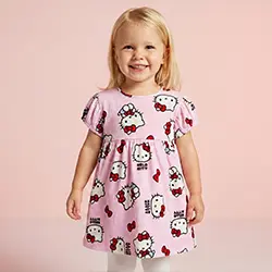 Kleinkind-Mädchen in rosa Kleid mit Tiermotiv vor rosafarbenem Hintergrund. Kleinkind-Mädchen in rosa Kleid mit Tiermotiv vor rosafarbenem Hintergrund.