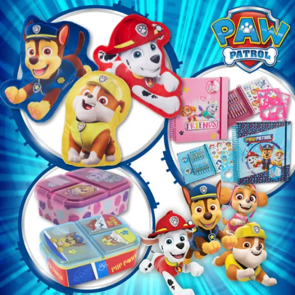 Paw Patrol Kleidung & Accessoires für Kinder Paw Patrol Kleidung & Accessoires für Kinder vor einem blauen Hintergrund mit Streifen