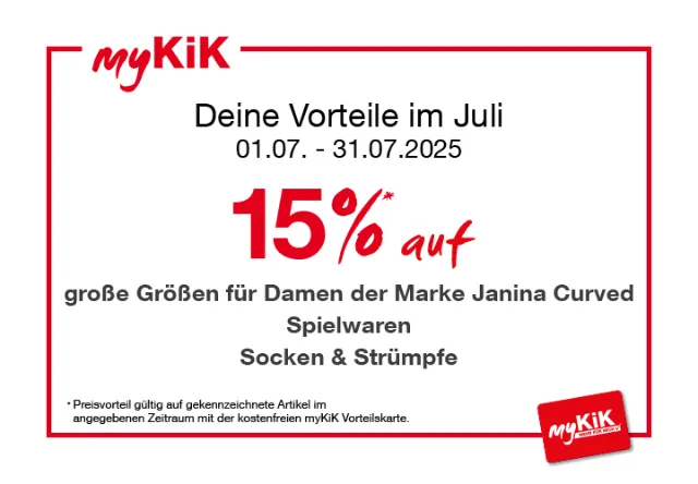 myKiK myKiK Aktion: 15 % Rabatt auf Damenmode in großen Größen von Janina Curved, Spielwaren, Socken und Strumpfwaren vom 1. bis 31. Juli 2025