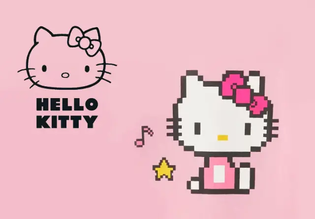 Hello Kitty Kleidung Links ist das Logo von Hello Kitty zu sehen, rechts ist eine Hello Kitty im Pixel Stil dargestellt