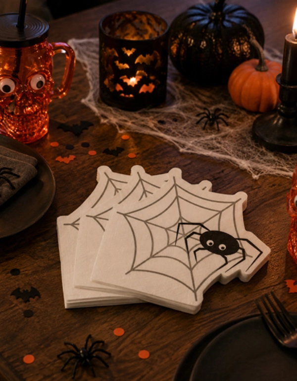 Halloween-Tischdeko mit Servietten im Spinnennetz-Design, Kürbissen, Kerzen und gruseligen Accessoires