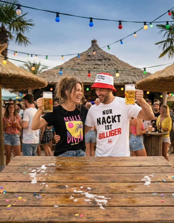 Zwei Personen halten Bierkrüge und posieren in einer lebhaften Outdoor‑Beachbar mit Tiki‑Schirmen und Lichterketten.