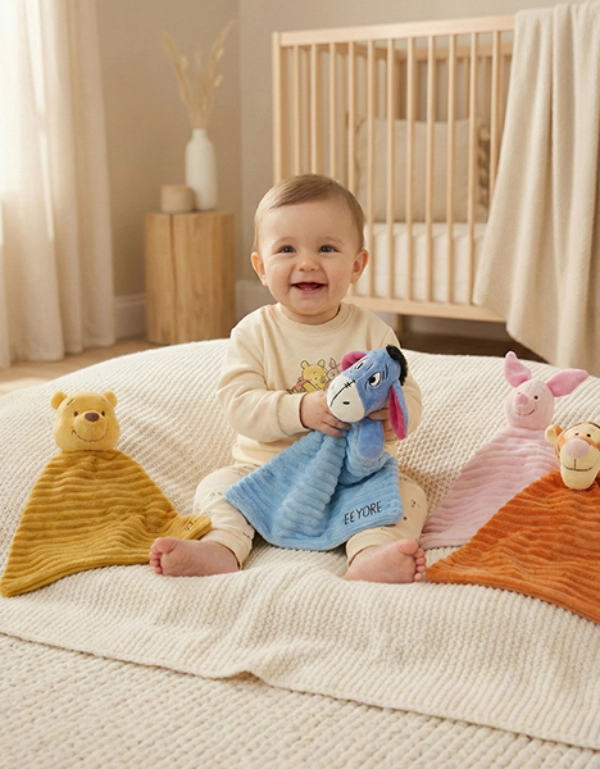 Ein Kind sitzt auf einer kuscheligen Decke, umgeben von bunten Plüschtieren und Decken, die eine warme und verspielte Atmosphäre schaffen.