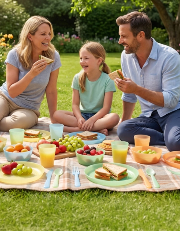 Familie genießt Picknick im Garten auf Decke mit Snacks und Getränken – gemeinsame Zeit im Grünen für entspannte und fröhliche Momente