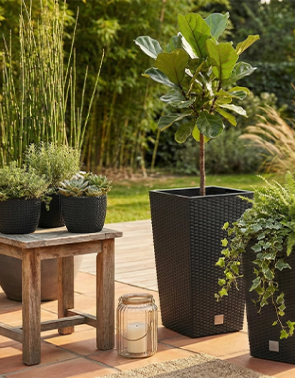 Ein ruhiger Außenbereich mit Topfpflanzen, einem kleinen Holztisch und üppigem Grün, beleuchtet von sanftem Tageslicht.