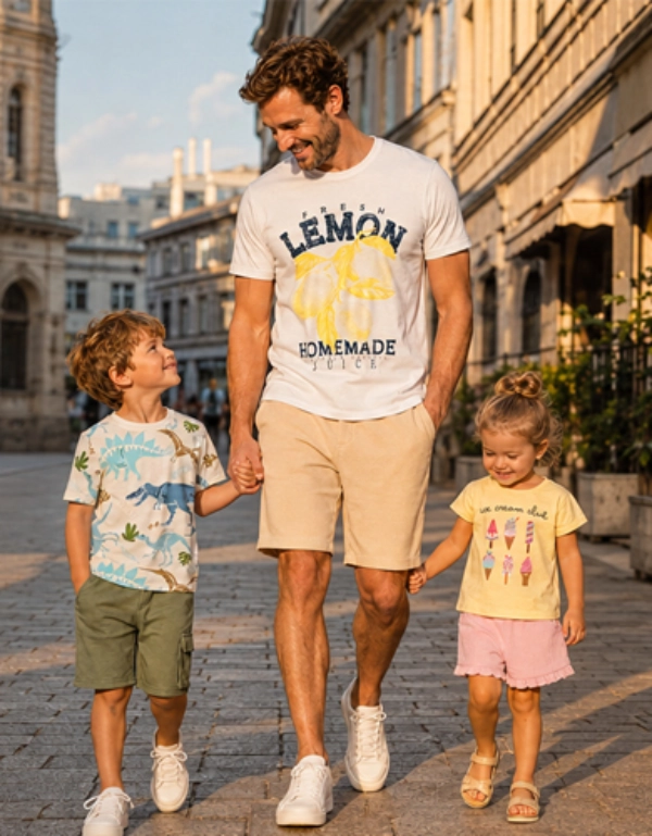 Ein Mann in einem Zitronen‑Print‑Shirt läuft Hand in Hand mit einem Jungen im Dinosaurier‑Print und einem Mädchen im Eiscreme‑Print auf einer Stadtstraße.