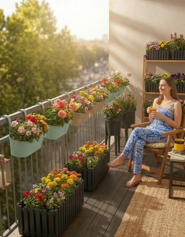 Frau entspannt sich mit Getränk auf sonnigem Balkon, umgeben von bunten Balkonblumen und Pflanzkästen – schafft eine gemütliche, blühende Wohlfühloase für Zuhause