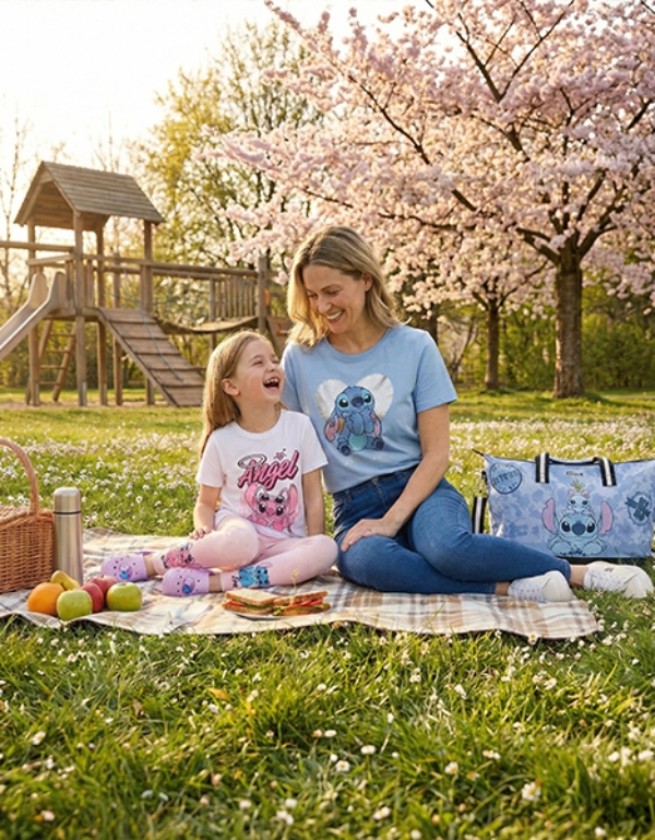 Eine Frau und ein Mädchen sitzen auf einer Picknickdecke unter blühenden Kirschbäumen, genießen einen sonnigen Tag mit Snacks und tragen verspielte Outfits.