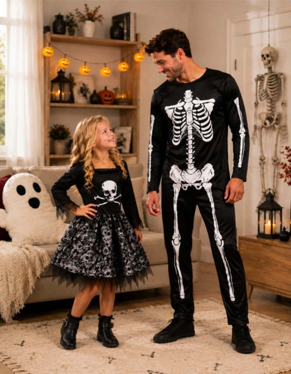 Vater und Tochter in Halloween-Kostümen mit Skelett- und Totenkopfmotiven in einem dekorierten Wohnzimmer