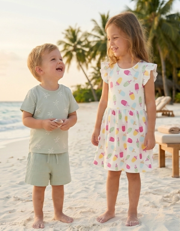 Zwei Kinder tragen sommerliche Kleidung am Strand und lachen gemeinsam – leichte Kindermode für fröhliche und unbeschwerte Urlaubsmomente