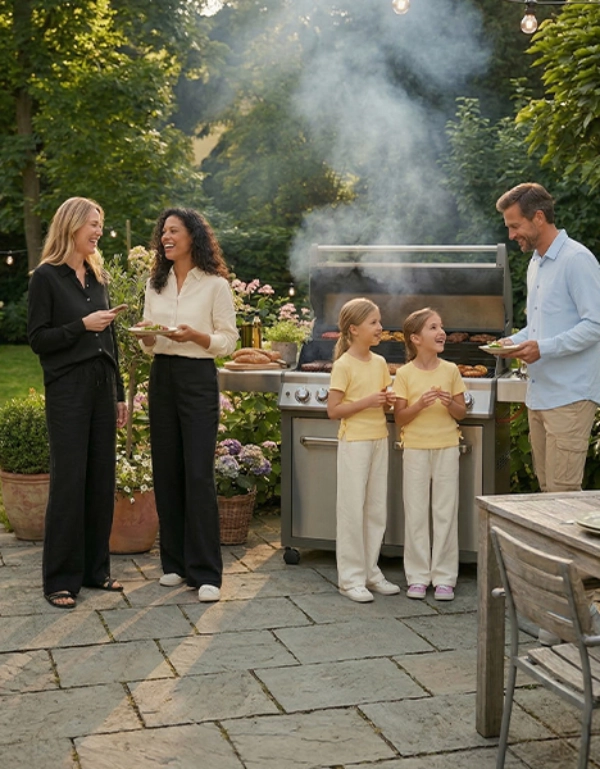 Gruppe von fünf Personen, darunter zwei Kinder, genießt ein Barbecue in einem üppigen Garten, während Rauch vom Grill aufsteigt.