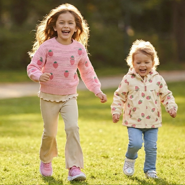 Fruchtige Favoriten für jeden Tag Zwei Kinder laufen fröhlich durch einen sonnendurchfluteten Park, umgeben von grünem Gras und Bäumen, und tragen bunte Pullover und Freizeithosen.