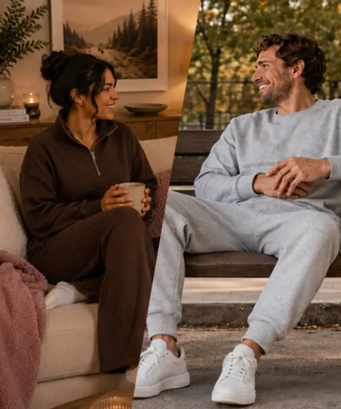 Damen und Herren in gemütlichen Sweat-Outfits in Braun, Grau und Schwarz für entspannte Freizeitlooks