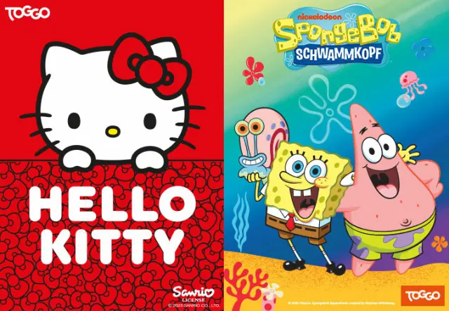 Bunte Welt mit Hello Kitty & SpongeBob! Ein lebhaftes Bild mit Hello Kitty auf rotem Hintergrund und SpongeBob Schwammkopf mit Patrick in einer Unterwasserszene