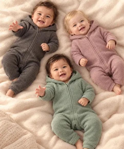 Drei Babys in weichen Merinowolle-Overalls mit Kapuze in Grau, Rosa und Grün