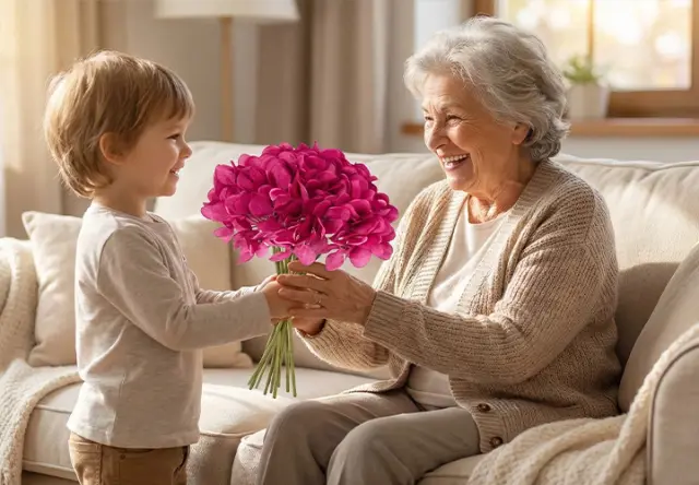 Ein kleines Kind überreicht einer älteren Frau einen Strauß leuchtend rosa Blumen. Beide sitzen auf einem gemütlichen Sofa in einem hellen Wohnzimmer. Ein kleines Kind überreicht einer älteren Frau einen Strauß leuchtend rosa Blumen. Beide sitzen auf einem gemütlichen Sofa in einem hellen Wohnzimmer.