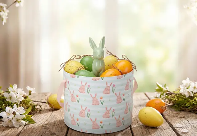 Ein dekorativer Korb voller bunter Ostereier und einer grünen Hasenfigur, umgeben von weißen Blumen auf einem Holztisch. Ein dekorativer Korb voller bunter Ostereier und einer grünen Hasenfigur, umgeben von weißen Blumen auf einem Holztisch.