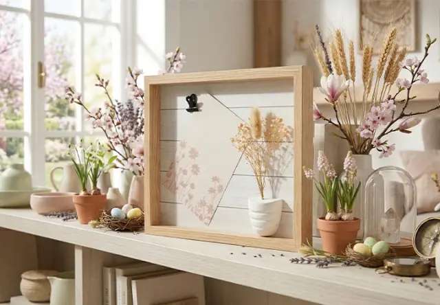 Ein Holzrahmen mit einer floralen Notiz, umgeben von Topfpflanzen, einer Blumenvase und Ostereiern auf einem Regal im natürlichen Licht. Ein Holzrahmen mit einer floralen Notiz, umgeben von Topfpflanzen, einer Blumenvase und Ostereiern auf einem Regal im natürlichen Licht.