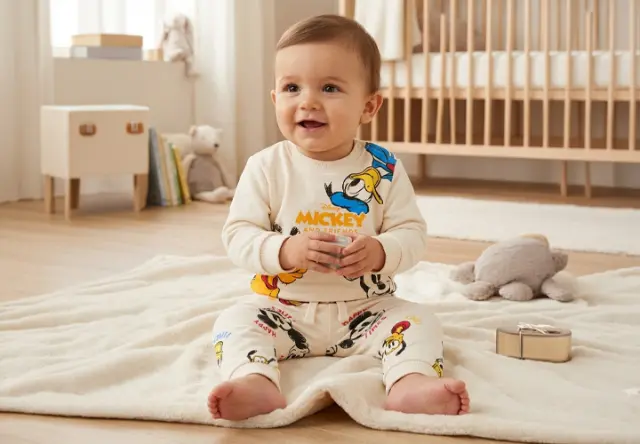 Disney Babymode mit Mickey Mouse für kleine Entdecker Baby in Mickey-Mouse-Kleidung sitzt lächelnd im Kinderzimmer – bequeme Disney Babymode für Alltag und Spielzeit