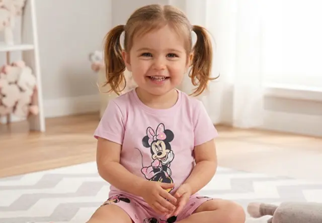 Minnie-Maus Kindermode für kleine Disney-Fans Kleines Mädchen in Minnie-Maus-Schlafbekleidung sitzt lächelnd im Kinderzimmer – bequeme Disney Kindermode für Alltag und Freizeit