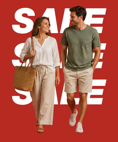 SALE auf Damen- und Herrenmode mit sommerlichen Freizeitoutfits und Accessoires