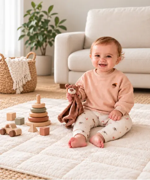 Fröhliches Baby in weicher Babykleidung aus Bio-Baumwolle sitzt mit Kuscheltier auf einer Spieldecke