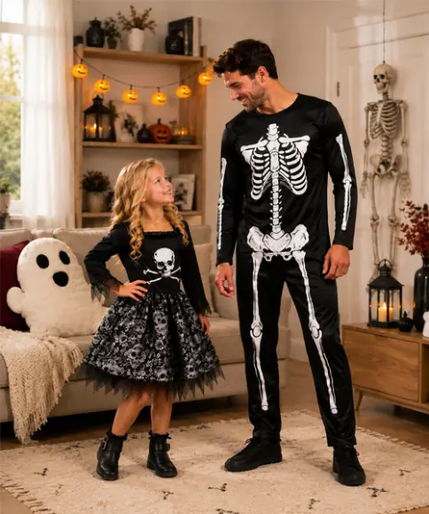 Vater und Tochter in Halloween-Kostümen mit Skelett- und Totenkopfmotiven in einem dekorierten Wohnzimmer