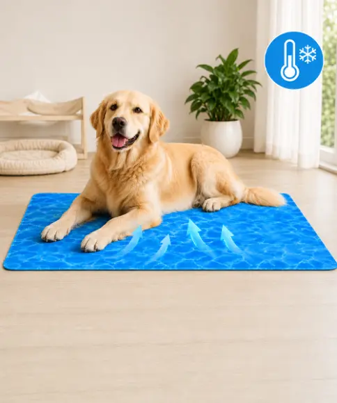 Ein Golden Retriever liegt auf einer blauen Kühlmatte mit dargestellten Luftstrompfeilen in einem hellen Raum mit Pflanze und Hundebett.