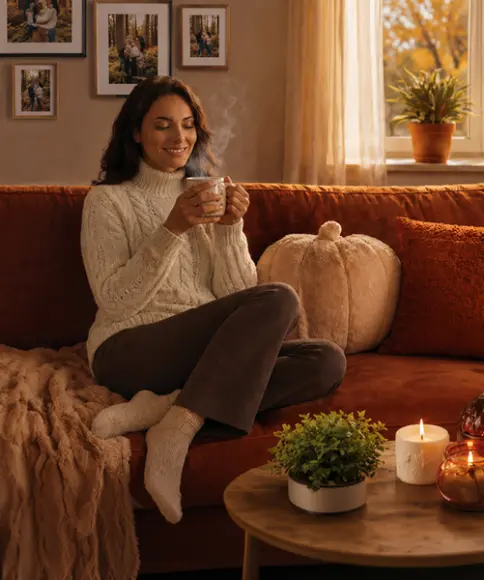 Frau in gemütlichem Strickpullover entspannt mit einem warmen Getränk auf dem Sofa in herbstlicher Atmosphäre