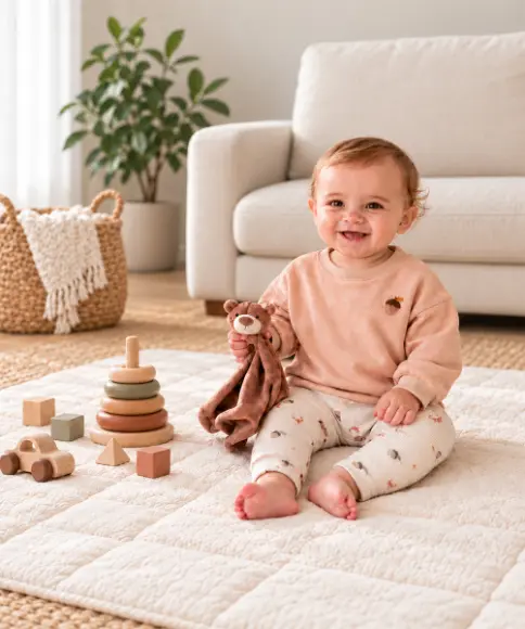 Fröhliches Baby in weicher Babykleidung aus Bio-Baumwolle sitzt mit Kuscheltier auf einer Spieldecke