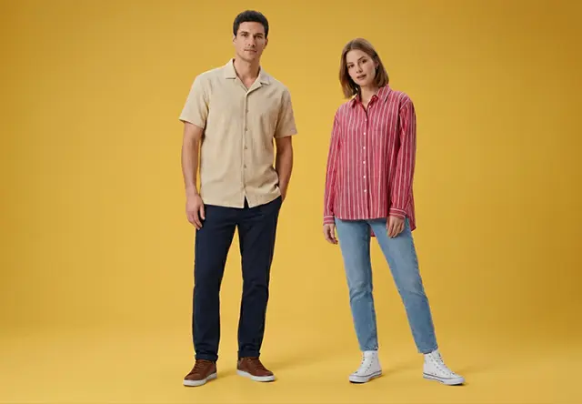 Zwei lässig gekleidete Personen stehen vor einem gelben Hintergrund, eine trägt ein beiges Hemd mit dunkler Hose, die andere ein rot gestreiftes Shirt mit blauer Jeans. Zwei lässig gekleidete Personen stehen vor einem gelben Hintergrund, eine trägt ein beiges Hemd mit dunkler Hose, die andere ein rot gestreiftes Shirt mit blauer Jeans.