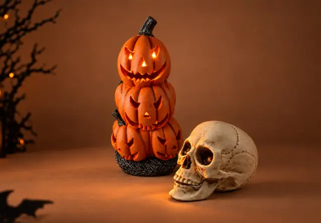 Halloween-Deko mit leuchtenden Kürbissen und Totenkopf Halloween-Deko mit leuchtenden Kürbissen und Totenkopf