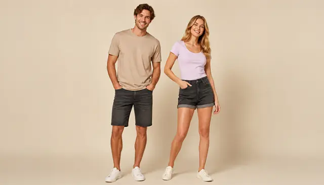Damen und Herren in Basic T Shirts und Jeans Shorts für den Sommer mit lässigem Freizeitlook Damen und Herren in Basic T Shirts und Jeans Shorts für den Sommer mit lässigem Freizeitlook
