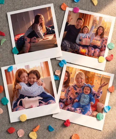 Vier Fotos zeigen glückliche Familienmomente mit Kindern in gemütlichen Stitch-Pyjamas beim Kuscheln und Feiern