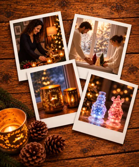 Weihnachtliche Fotocollage mit leuchtenden Windlichtern, LED-Schneemännern, Rentieren und festlicher Dekoration