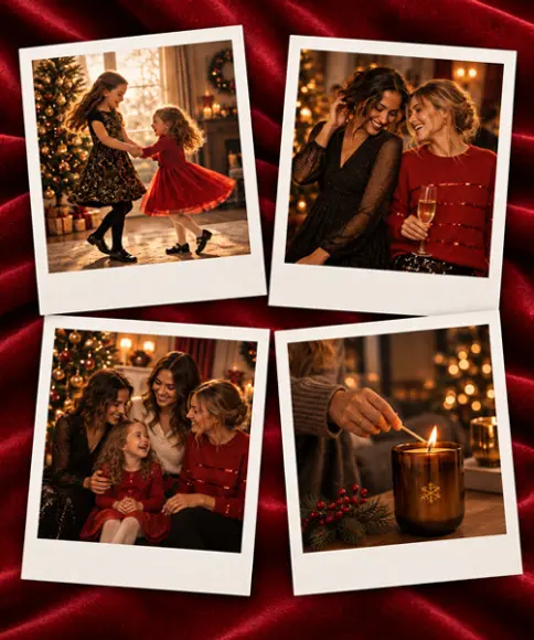 Festliche Weihnachtsmomente mit Frauen und Mädchen in eleganten Outfits sowie stimmungsvoller Weihnachtsdeko