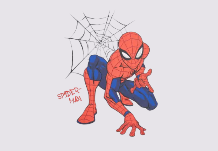 Spiderman Kleidung für Kinder Spiderman ist in der Hocke und macht seine typische Handbewegung. Der Hintergrund ist grau und hat eine Spinnennetz.